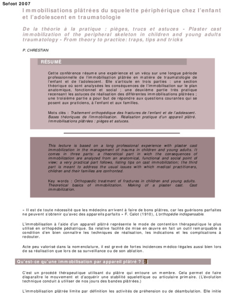 Immobilisations platrees du squelette peripherique chez l’enfant et l’adolescent en traumatologie