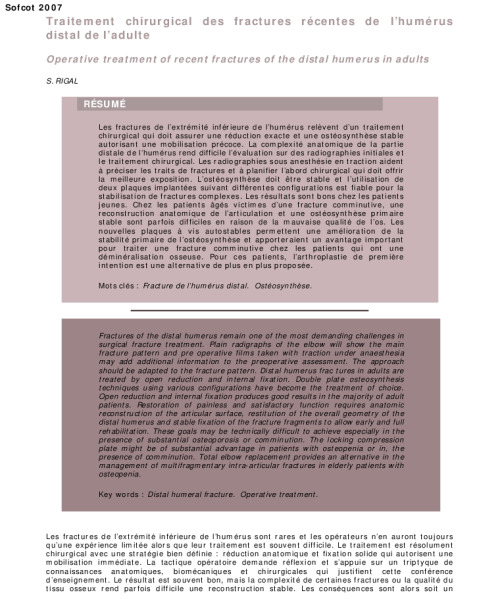 Traitement chirurgical des fractures recentes de l’humerus distal de l’adulte