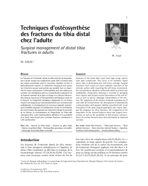 Techniques d’ostéosynthèse des fractures du tibia distal chez l’adulte