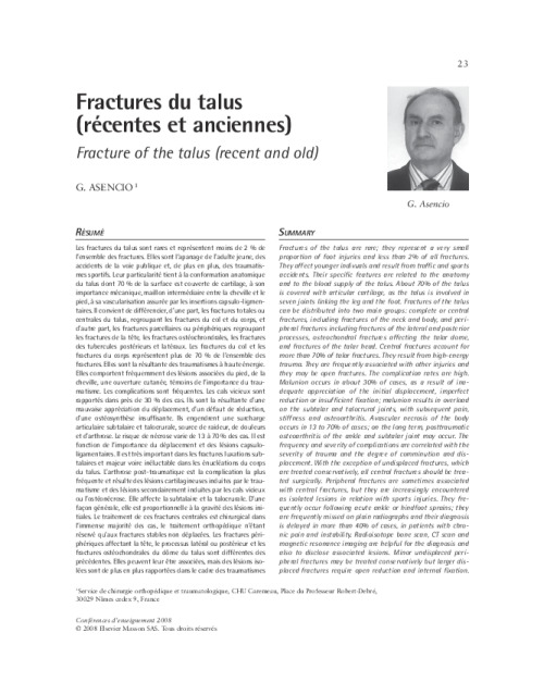 Fractures du talus (récentes et anciennes)