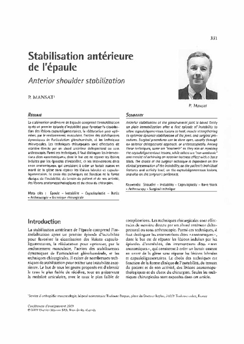 Stabilisation antérieure de l’épaule