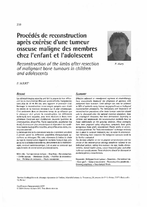 Procédés de reconstruction après exérèse d’une tumeur osseuse maligne des membres chez l’enfant et l’adolescent