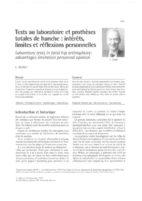 Tests au laboratoire et prothèses totales de hanche : intérêts, limites et réflexions personnelles
