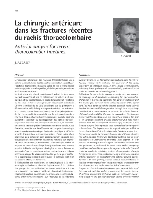 La chirurgie antérieure dans les fractures récentes du rachis thoracolombaire