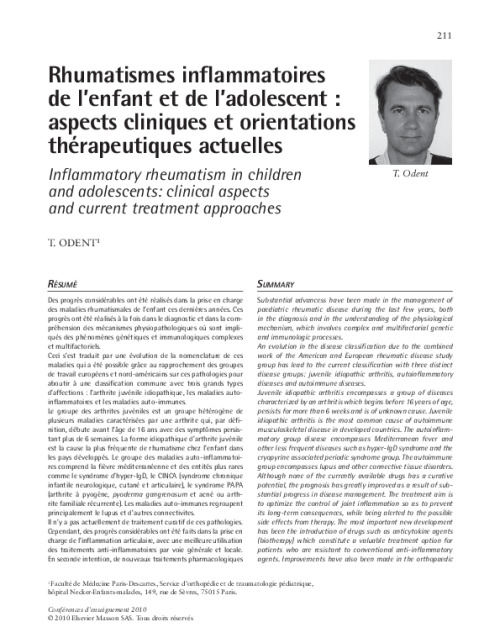 Rhumatismes inflammatoires de l’enfant et de l’adolescent : aspects cliniques et orientations thérapeutiques actuelles