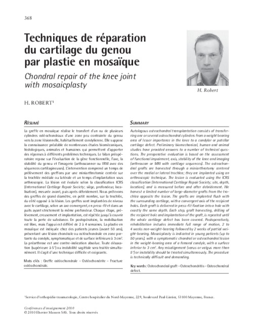 Techniques de réparation du cartilage du genou par plastie en mosaïque
