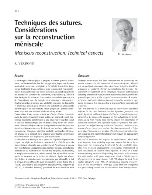 Techniques des sutures. Considérations sur la reconstruction méniscale