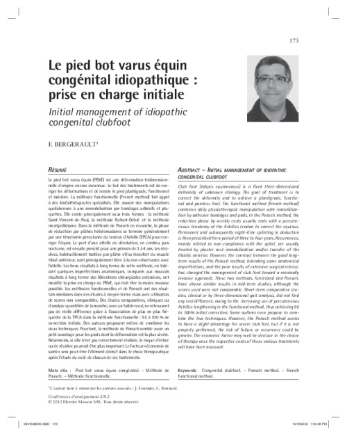 Le pied bot varus équin congénital idiopathique : prise en charge initiale