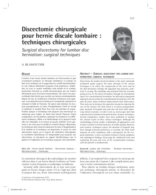 Discectomie chirurgicale pour hernie discale lombaire : techniques chirurgicales