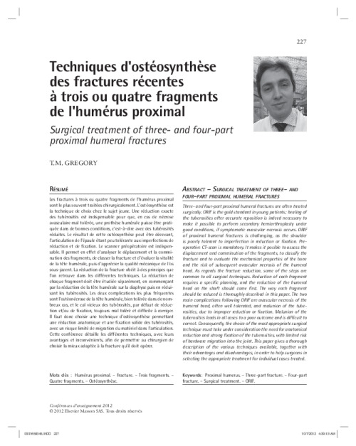 Techniques d'ostéosynthèse des fractures récentes à trois ou quatre fragments de l'humérus proximal