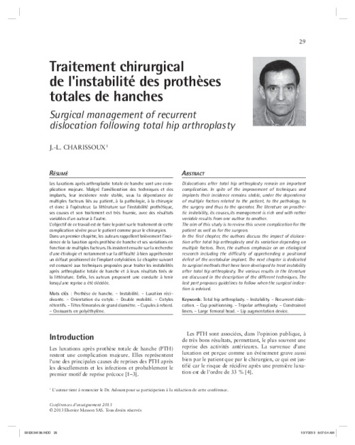 Traitement chirurgical de l’instabilité des prothèses totales de hanches