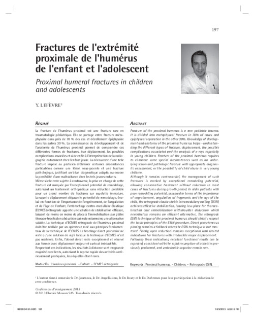 Fractures de l’extrémité proximale de l’humérus de l’enfant et l’adolescent