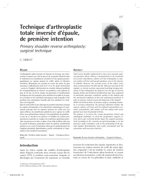 Technique d’arthroplastie totale inversée d’épaule, de première intention