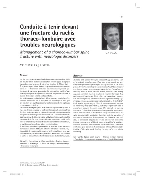 Conduite à tenir devant une fracture du rachis thoraco-lombaire avec troubles neurologiques