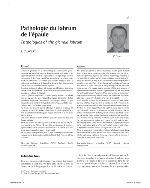 Pathologie du labrum de l'épaule