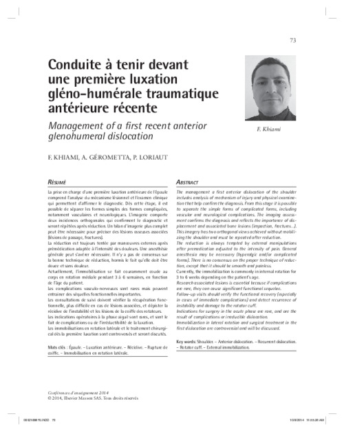 Conduite à tenir devant une première luxation gléno-humérale traumatique antérieure récente