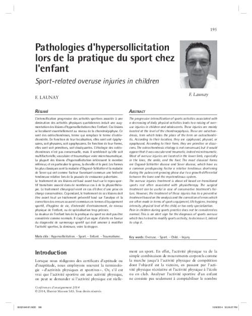 Pathologies d'hypersollicitation lors de la pratique du sport chez l'enfant
