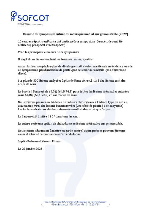 Recommandation SOFCOT sympo 2022: suture du ménisque médial sur genou stable (2022)