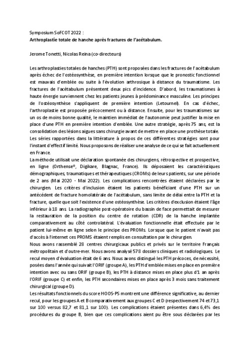 Recommandation sympo SOFCOT 2022 : arthroplastie totale de hanche après fractures de l’acétabulum