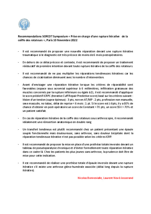 Recommandation sympo SOFCOT 2022 : prise en charge d’une rupture itérative de la coiffe des rotateurs. 