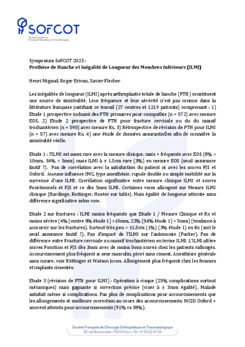 RECOMMANDATION SOFCOT SYMPO 2023 : Prothèse de Hanche et Inégalité de Longueur des Membres Inférieurs (ILMI)
