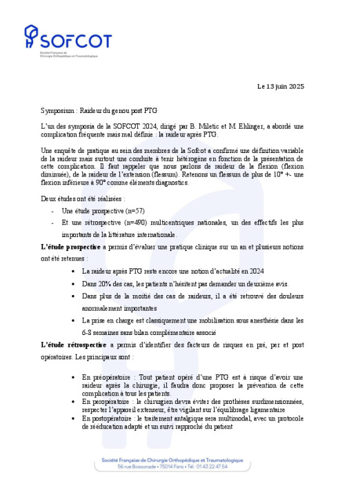 Symposium SOFCOT 2024 : Recommandations raideur du genou post PTG
