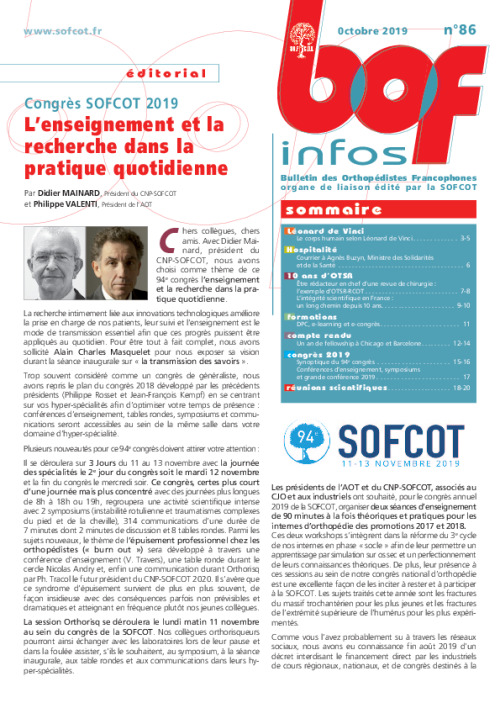 BOF 86 - Novembre 2019: Congrès SOFCOT 2019 - L'enseignement et la recherche dans la pratique quotidienne