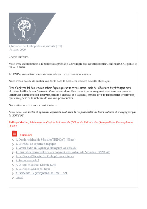 Chronique des Orthopédistes Confinés n°2