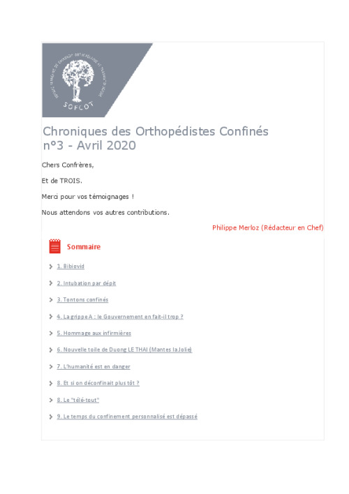 Chronique des Orthopédistes Confinés n°3