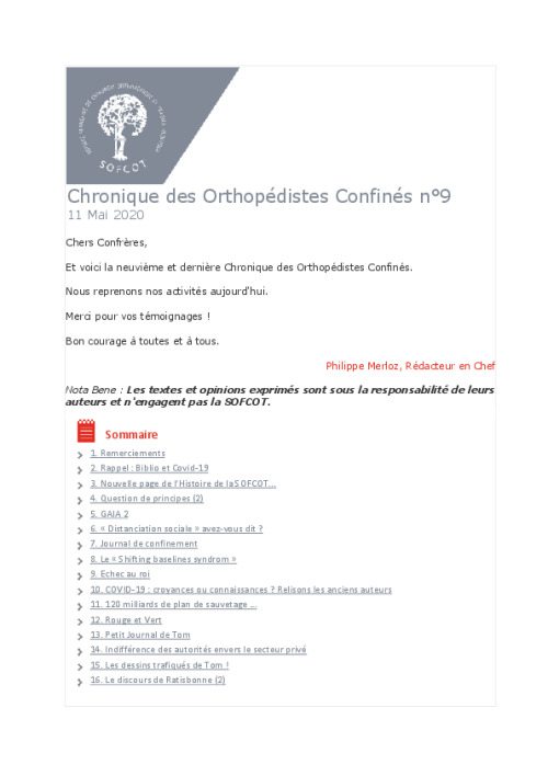 Chronique des Orthopédistes Confinés n°9