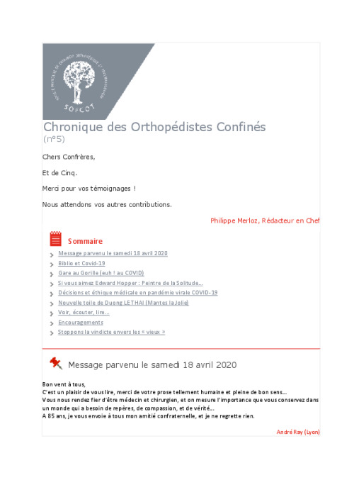 Chronique des Orthopédistes Confinés n°5