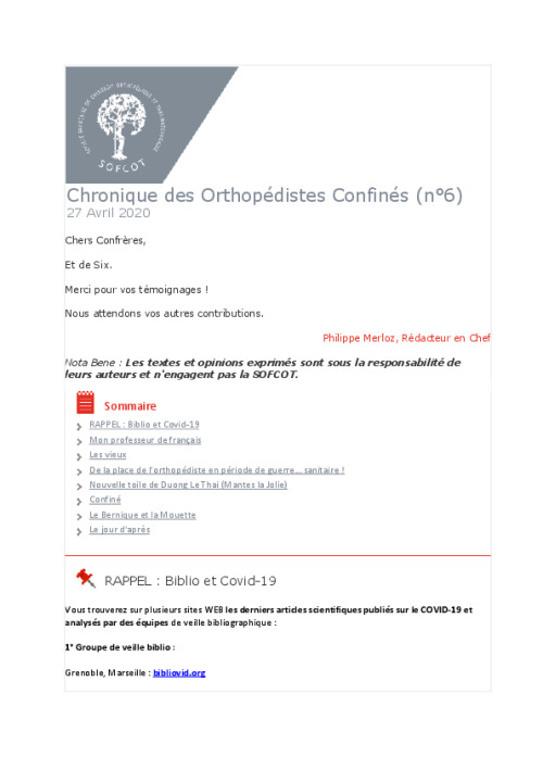 Chronique des Orthopédistes Confinés n°6