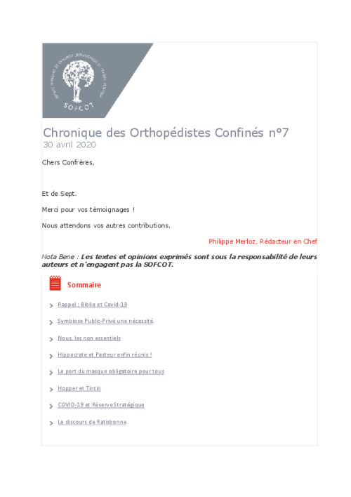 Chronique des Orthopédistes Confinés n°7