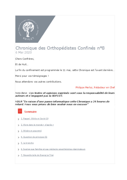 Chronique des Orthopédistes Confinés n°8