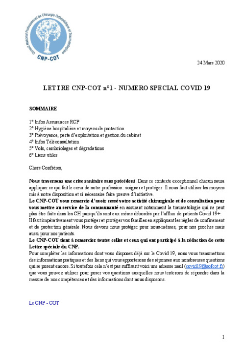 Lettre Spéciale COVID du CNP-COT n°1 - Mars 2020