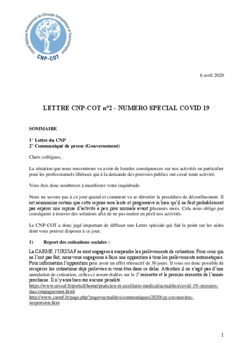 Lettre Spéciale COVID du CNP-COT n°2 - Avril 2021
