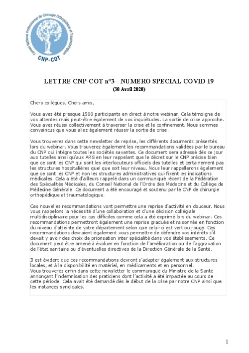 Lettre Spéciale COVID du CNP-COT n°3 - Avril 2020
