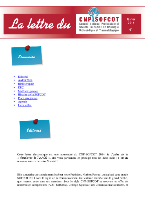 Lettre du CNP SOFCOT n°1 - Février 2014