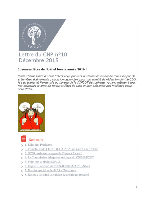 Lettre du CNP SOFCOT n°10 - Décembre 2015