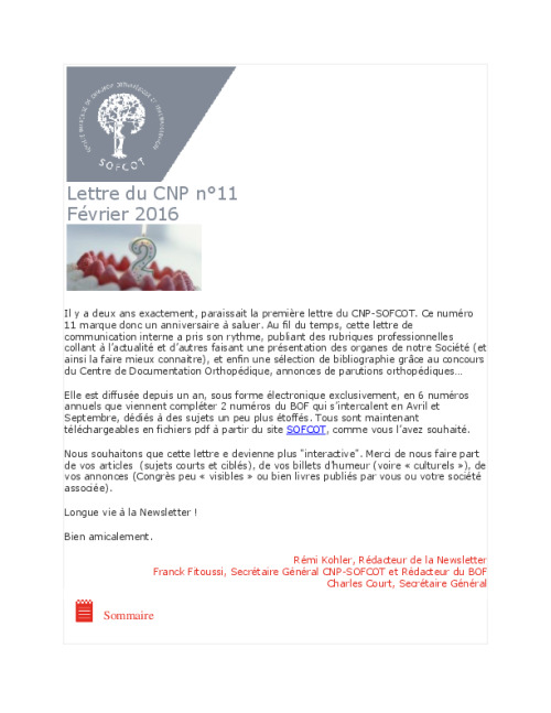 Lettre du CNP SOFCOT n°11 - Février 2016
