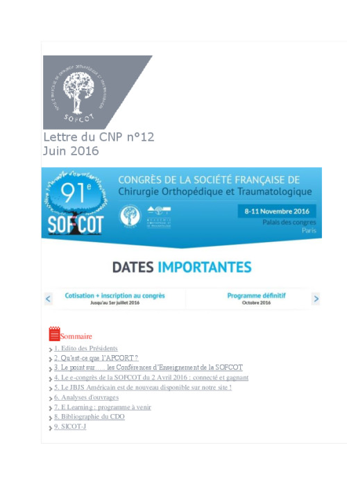 Lettre du CNP SOFCOT n°12 - Juin 2016