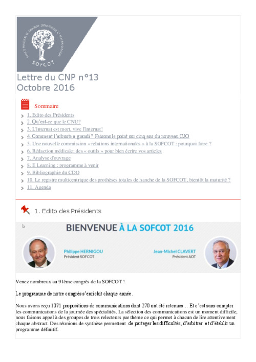 Lettre du CNP SOFCOT n°13 - Octobre 2016