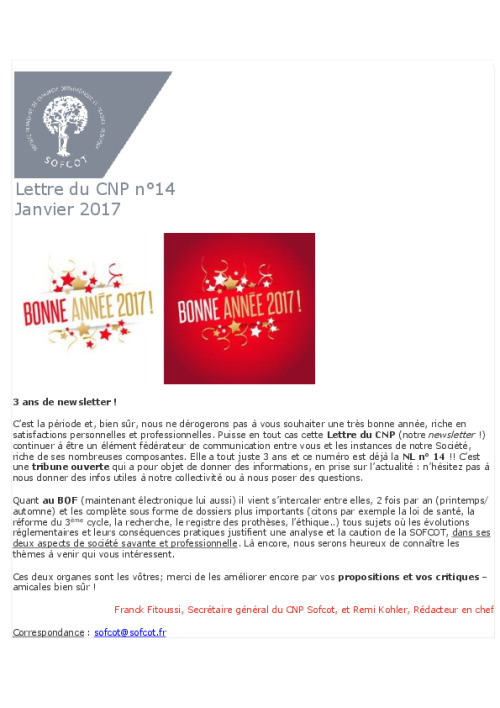 Lettre du CNP SOFCOT n°14 - Janvier 2017