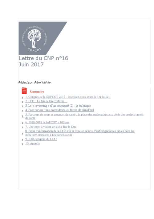 Lettre du CNP SOFCOT n°16 - Juin 2017