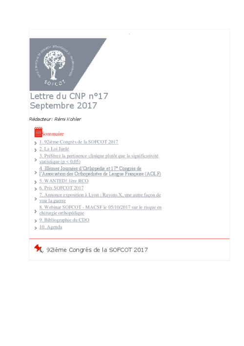 Lettre du CNP SOFCOT n°17 - Septembre 2017
