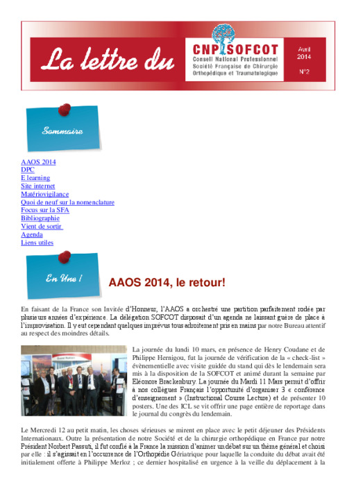 Lettre du CNP SOFCOT n°2 - Avril 2014