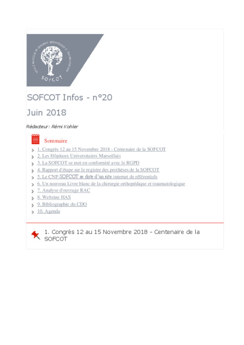 Lettre du CNP SOFCOT n°20 - Juin 2018