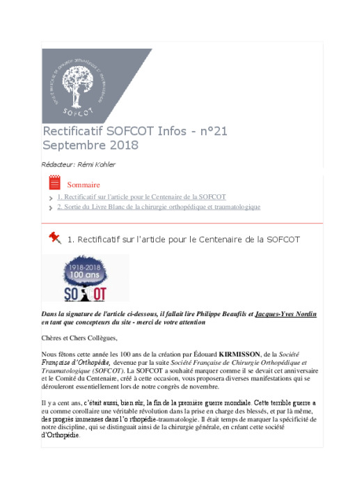 Lettre du CNP SOFCOT n°21 - Septembre 2018