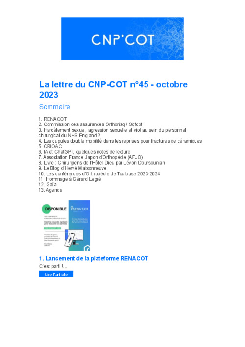 Lettre du CNP-COT n°45 - octobre 2023