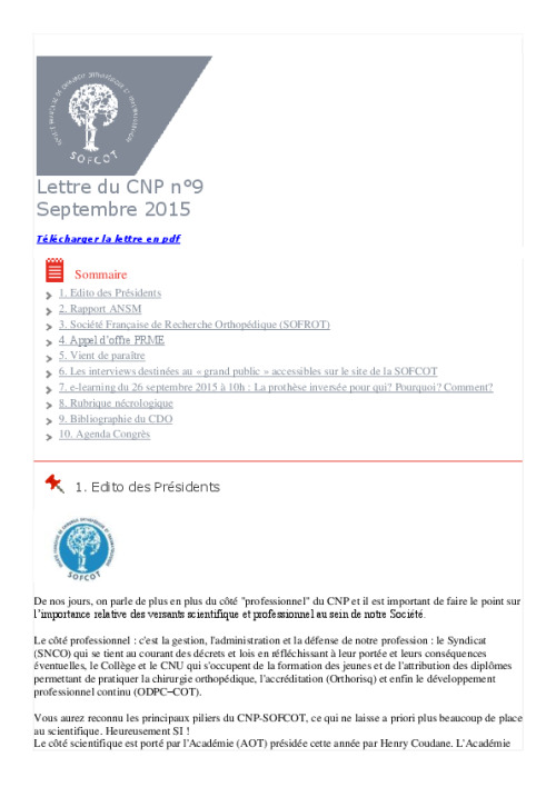 Lettre du CNP SOFCOT n°9 - Septembre 2015